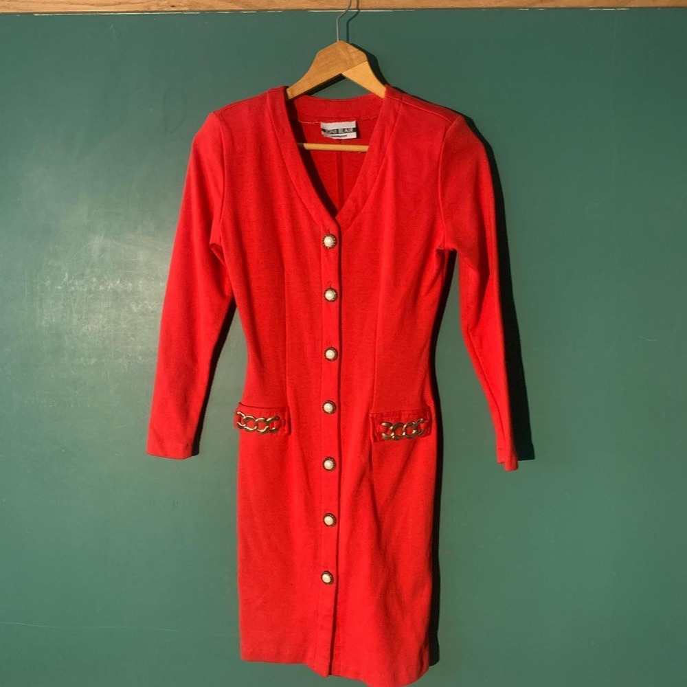 Joni Blair Vintage 80s Red Dress Gold Chain Buttons Shoulder Pads XS
